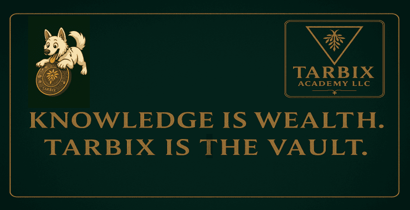 Tarbix Academy banner with the white dog mascot and the words Knowledge is Wealth. Tarbix is the Vault.